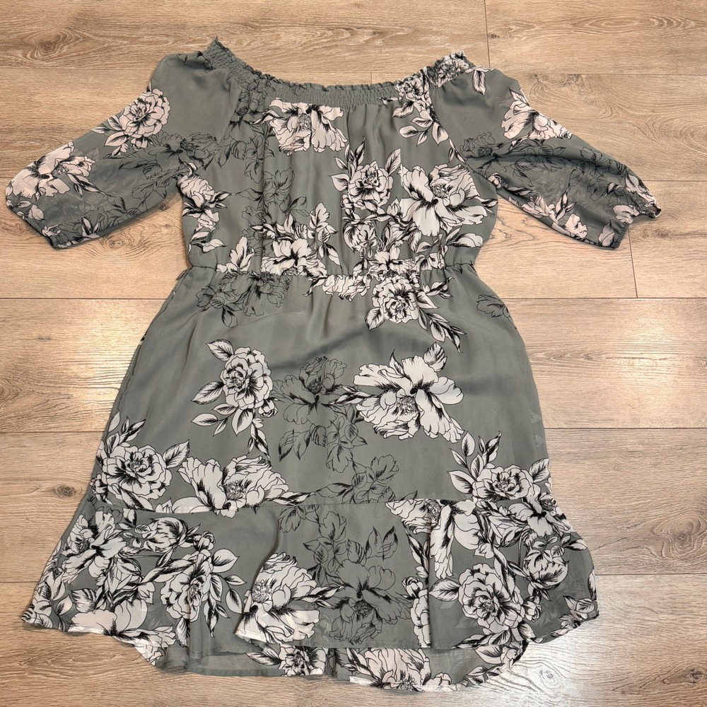 Maurices Floral Off the Shoulder‎ Mini Dress XL Sage Green 3/4 Sleeve Ruffle Hem